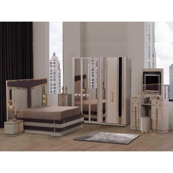 Bedroom Set with 1 Bed | Monaco Collection | 8 Pieces | Beige & Brown